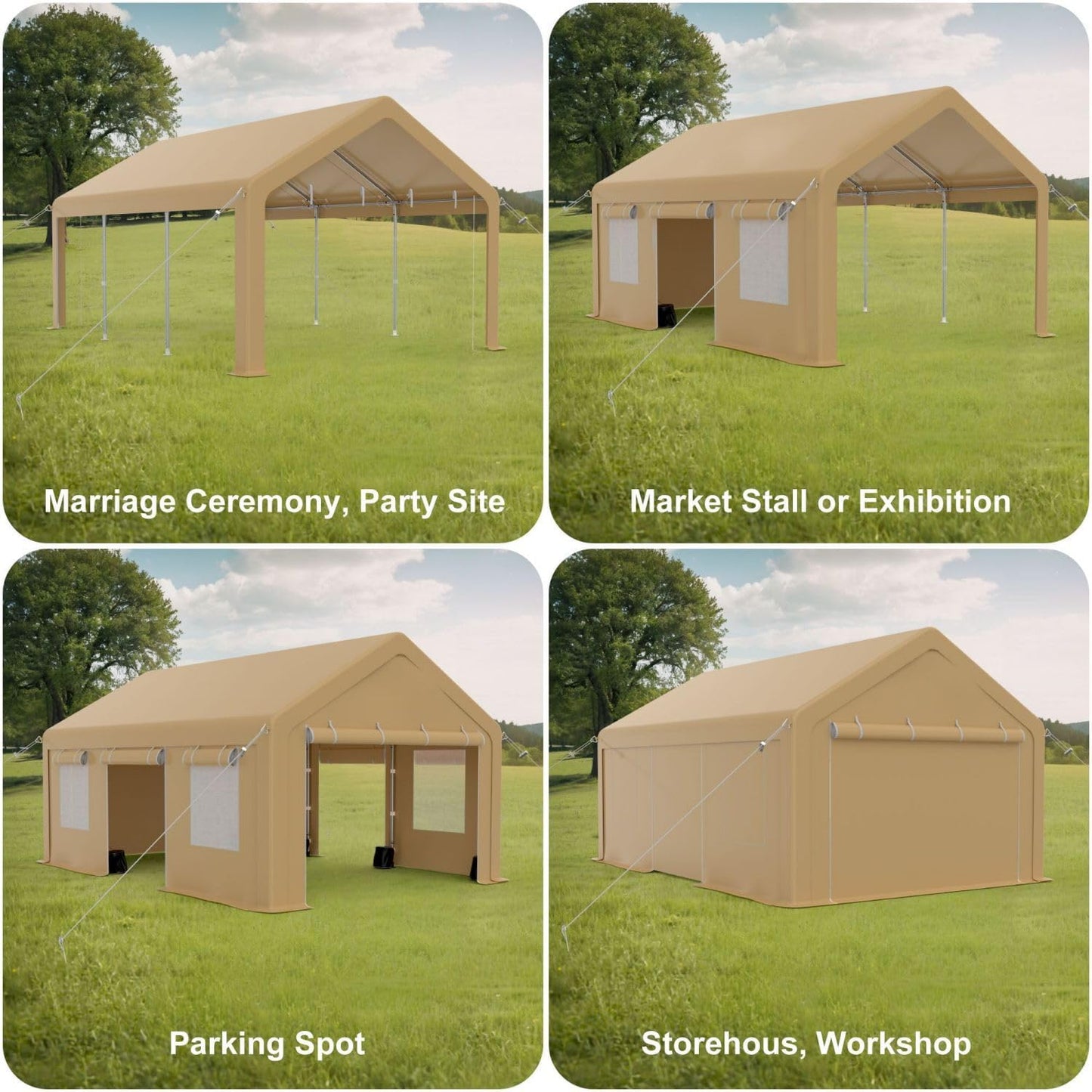 10x20FT Portable Garage, 10'x20' Carport Heavy Duty, Galvanized Frame & 180 g PE Waterproof Canopy, with 4 Doors (Included 2 Side Doors), and 4 Windows, for Pickup Truck, and Boat