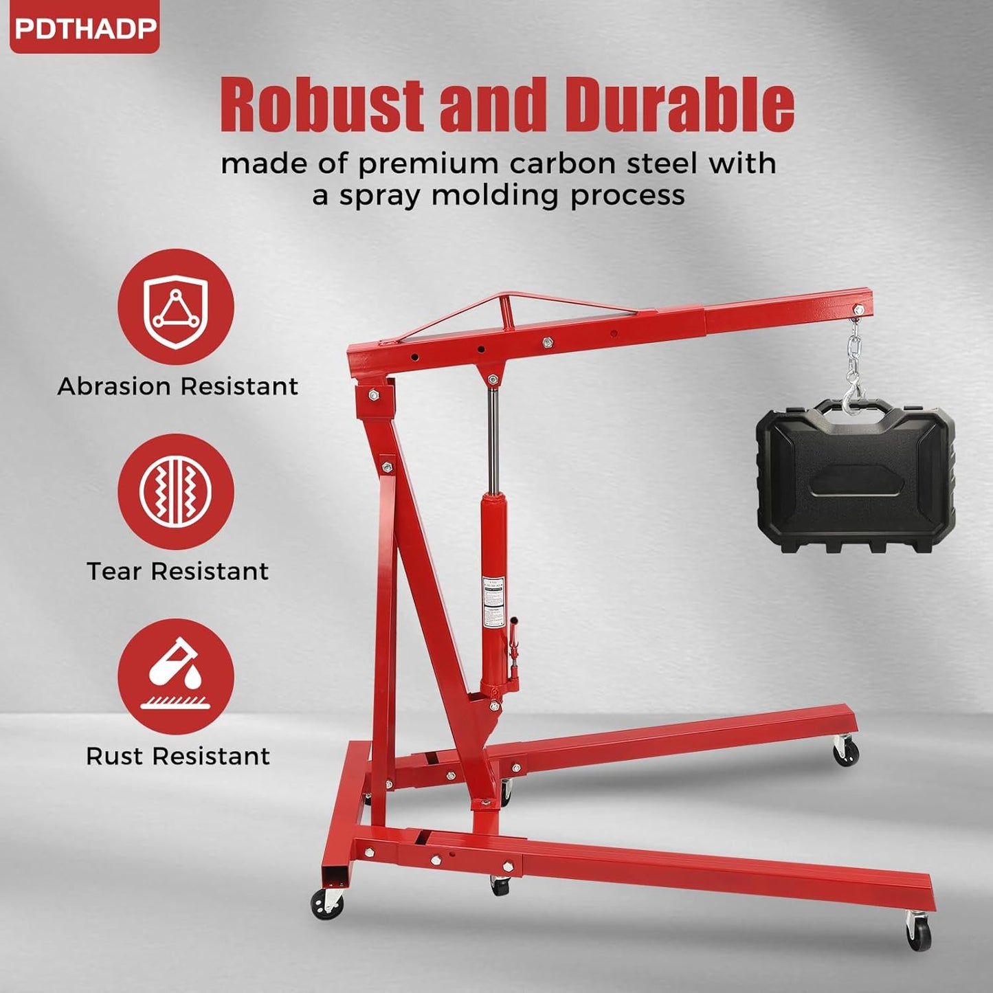 Engine Hoist 2 Ton Folding Engine Lift Folding Cherry 6.89Ft Picker Shop Crane Hoist Lift with 6 Wheels Engine Crane Folding Engine Hoist for Car Fixing Workshops Garages (Red)