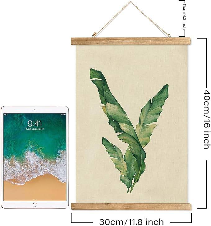 XIAOAIKA 3-Pack Greenery Art Posters with Wooden Hangers - Eucalyptus, Banana Leaf, Palm Frond Illustrations, Minimalist Botanical Wall Art, 12x16 Inches