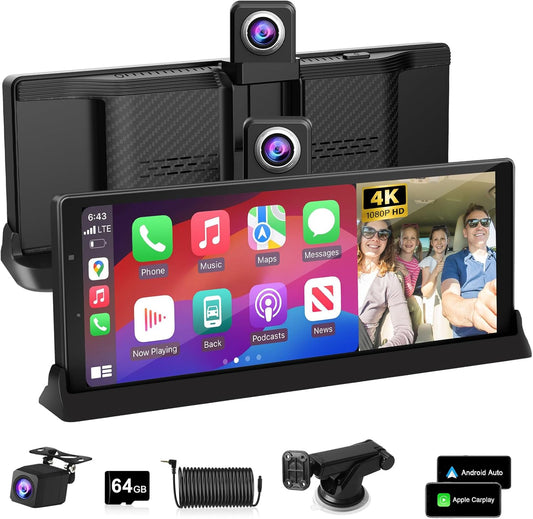 【350° Rotatable Lens】10.26''Wireless Apple CarPlay Screen for Car & 4K Dash Cam Portable Android Auto Car Stereo, Car Audio Receivers 1080P Backup Camera, Bluetooth/GPS Navigation/AirPlay/Googel/Siri