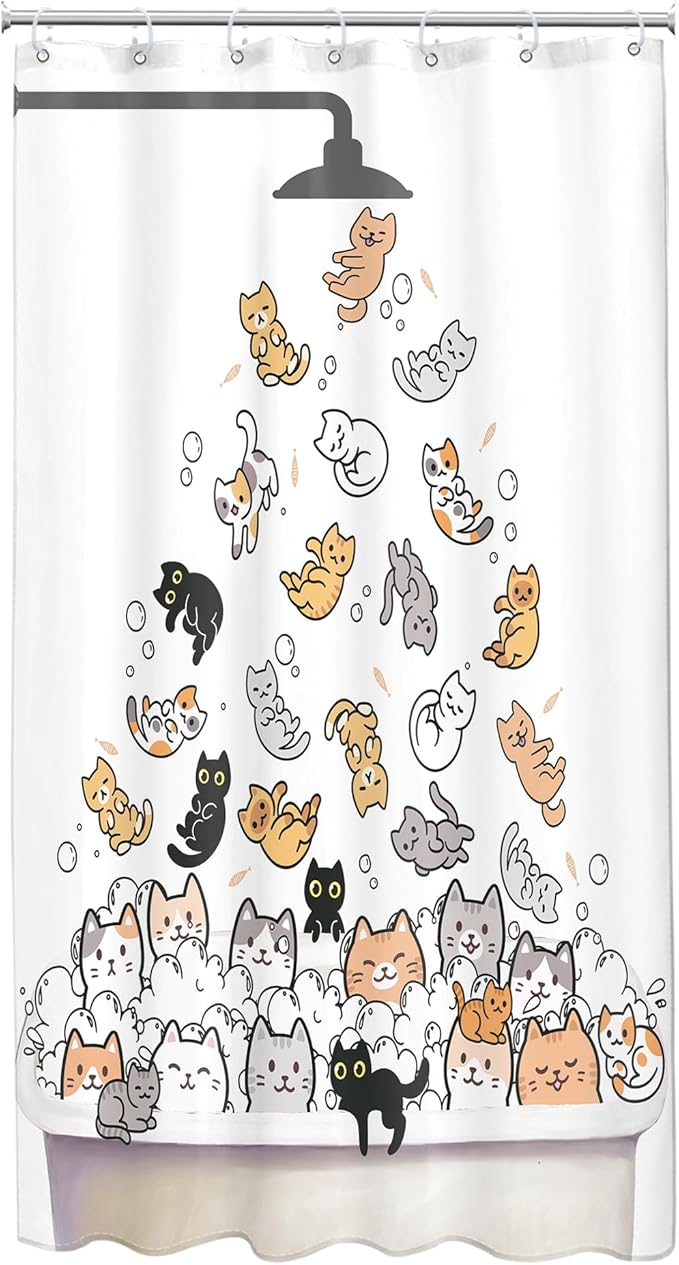 SVBright Small Stall Cute Cat Shower Curtain 36Wx72L Inch for Kids Rv Half Single Narrow Cute Cartoon Animal Funny Raining Animal 7 Pack Hooks Polyester Waterproof Fabric Bathroom Bathtub Panels