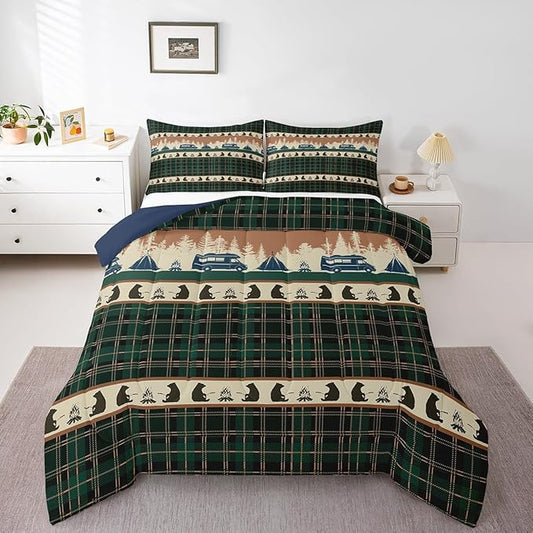 Camping Comforter Set for Teens Camper Bedding Camper Accessories for Travel Trailers,Rustic Farm Style Tree Comforter Sets Green Plaid Lattice Duvet Insert with 1 Pillowcase Bedroom Decor,Twin