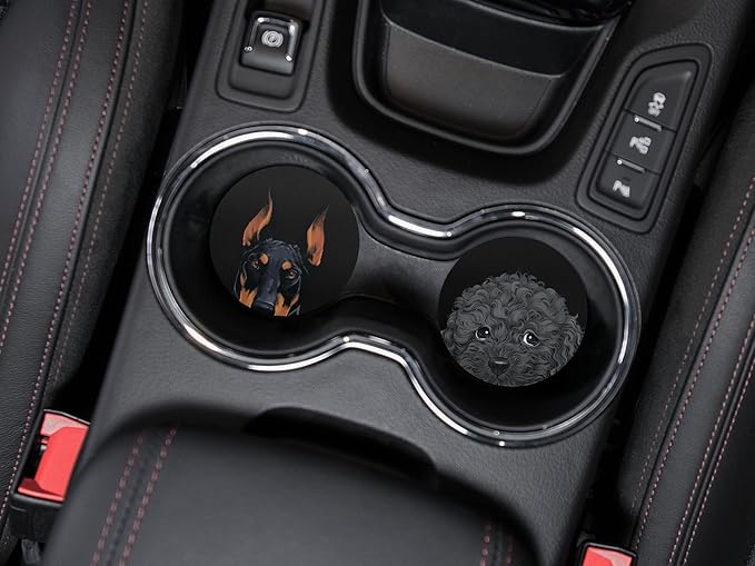 WIRESTER, Black Rust Doberman Pinscher Dog, Black Toy Poodle Design Absorbent ROUND Fabric Felt Neoprene Car Coasters for Drinks (2.87 inches), 2pcs Set