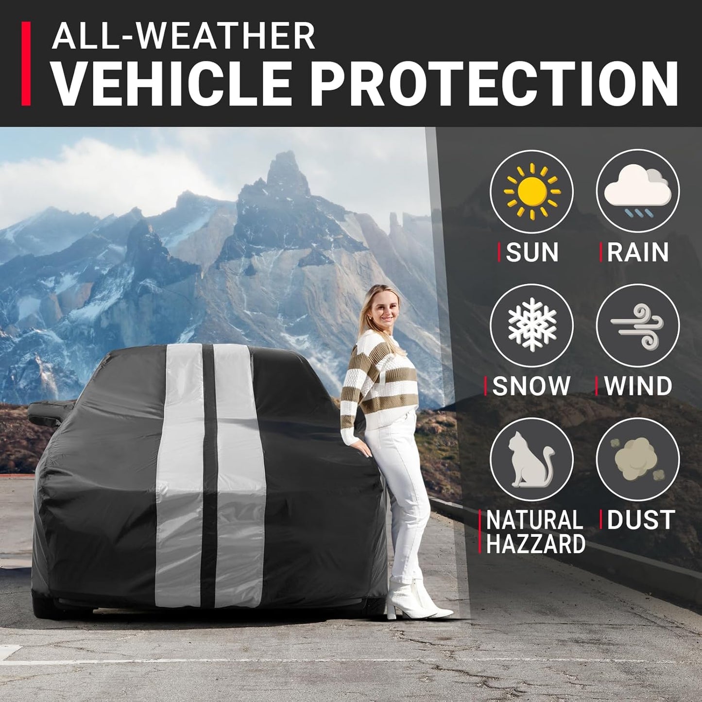 iCarCover Custom Car Cover for Pontiac Sunfire Sedan, Convertible (1995-2002) Waterproof All-Weather Rain Snow UV Sun Protector Full Exterior Indoor Outdoor Car Cover (Stripe - Black/Gray)
