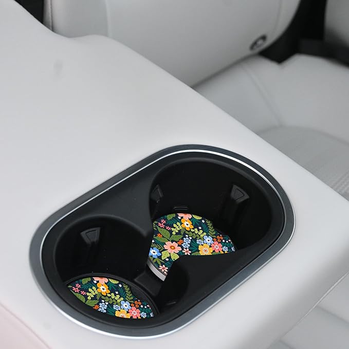 Yellow Flowers Car Coasters for Drinks Absorbent,2 Pack Cup Holders,2.56" Ceramic Stone & Non-Scratch Cork Base Coasters,Auto Accessories for Women & Men.
