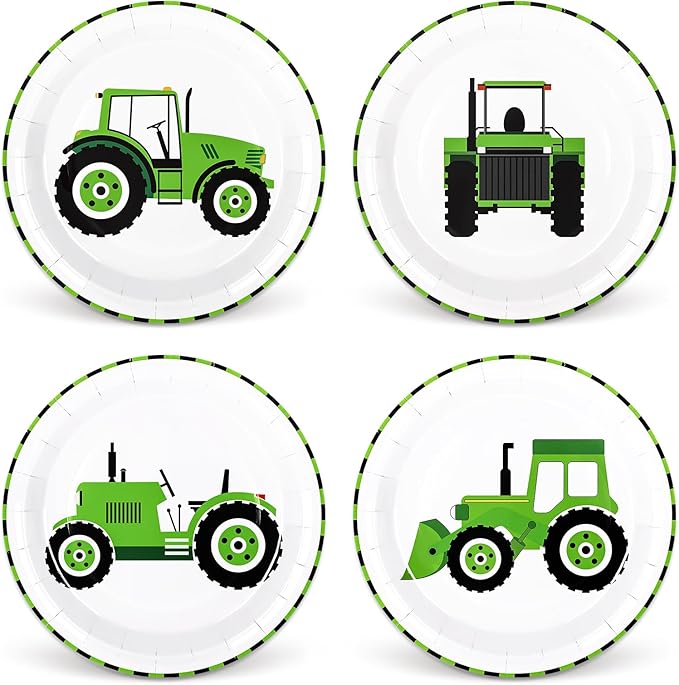 Whaline 40Pcs Tractor Party Paper Plate Green Tractor Disposable Plate 4 Designs Tableware for Birthday Construction Party Supplies Table Decor, 9 in