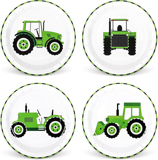 Whaline 40Pcs Tractor Party Paper Plate Green Tractor Disposable Plate 4 Designs Tableware for Birthday Construction Party Supplies Table Decor, 9 in