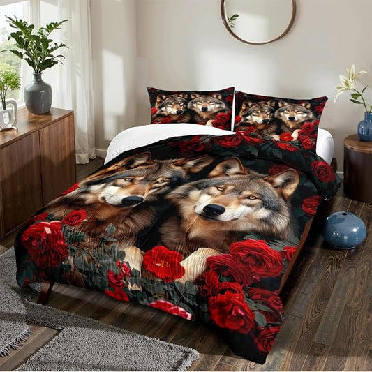 Wolf Comforter Set Twin Size Red Rose Wolves Bedding Set Wild Animal Bedding Sets Black Floral Animals Comforters Soft Down Alternative Comforter Sets for Girls Boys Kids Teens