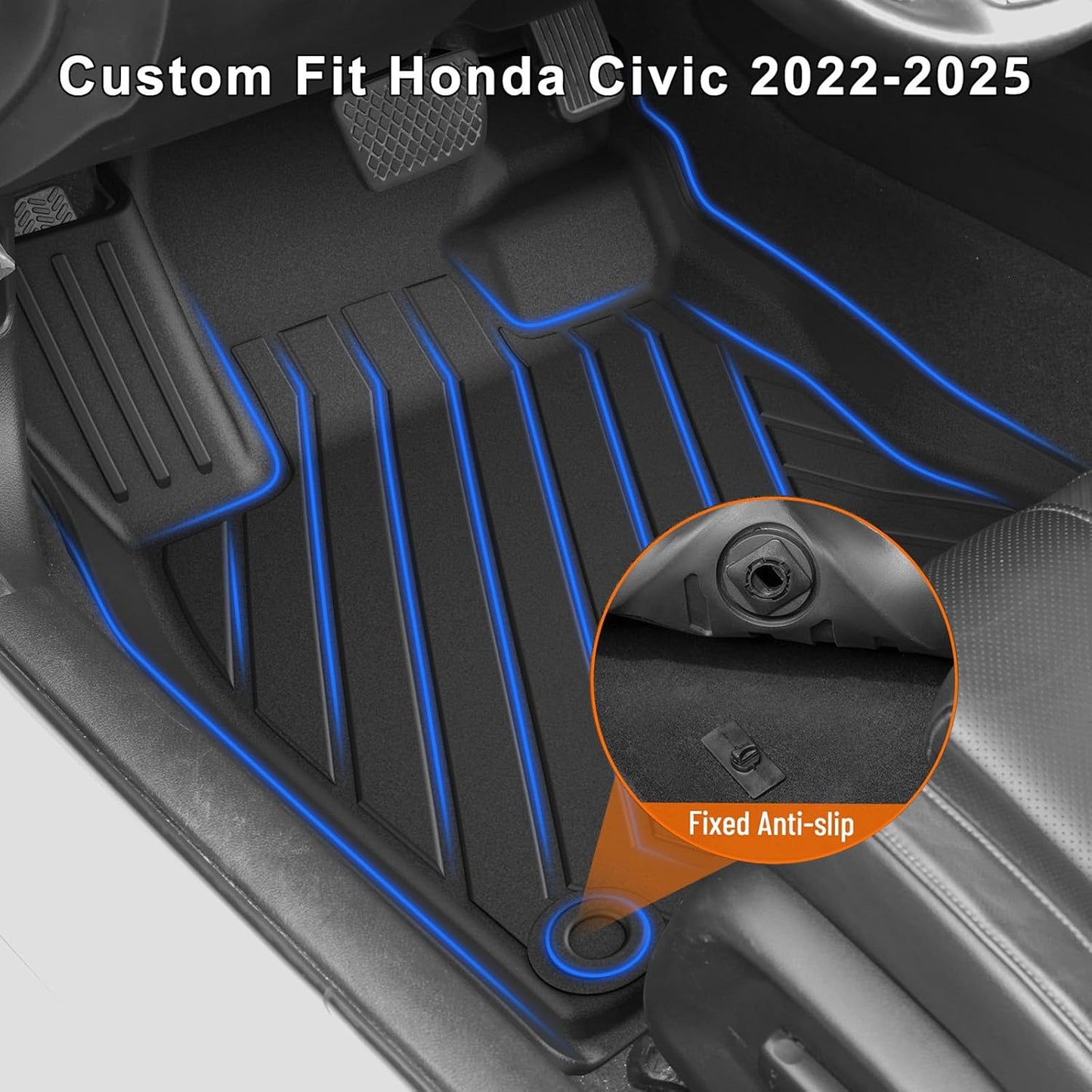 Floor Mats for Honda Civic 2022-2025 (Fits Rear Seats with or Without USB Ports) | for Acura Integra 2023-2025, All Weather Floor Liners Civic Accessories, 1st & 2nd Row, Black