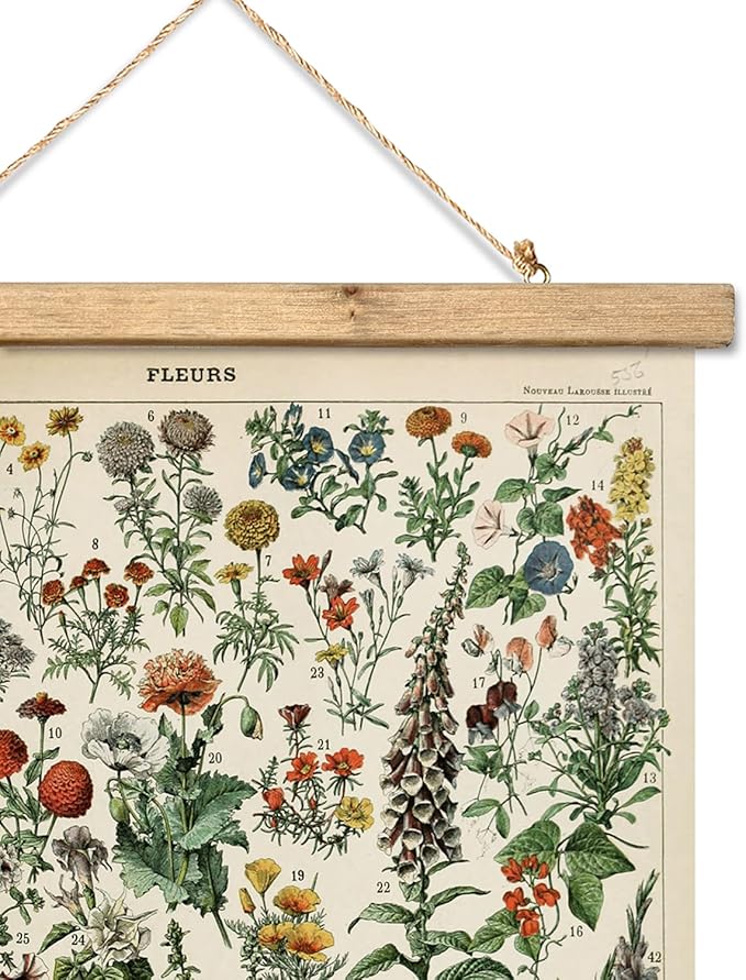 XIAOAIKA Vintage Wildflower Hanging Poster with Wooden Frame, Retro Style Wall Decor Detailed Floral Illustration- Educational Botany Wall Art for Gardeners Home Decor Classroom 16 x 23 Inches
