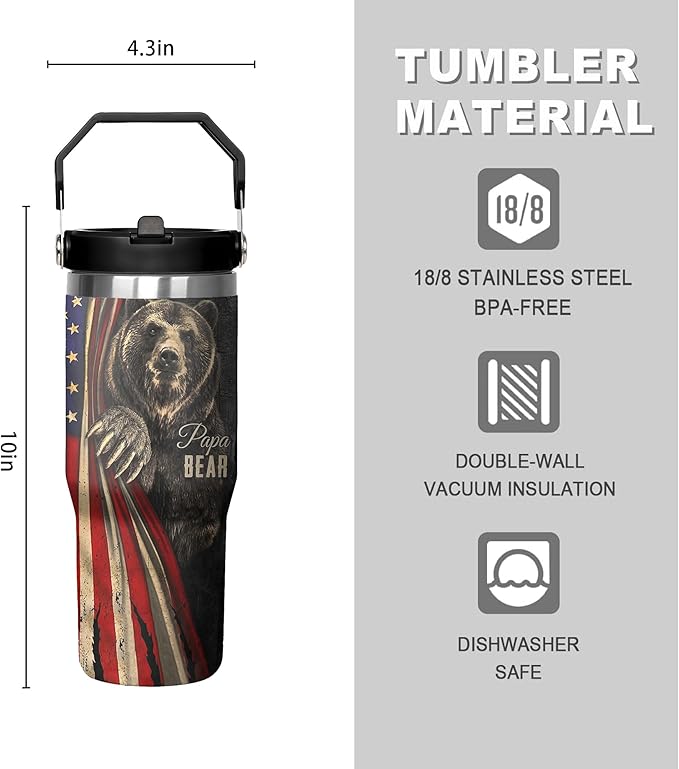 30 Oz Papa Bear Tumbler with Handle and Straw, 30 Oz Leak Proof Insulated Papa Bear Mug, Double Wall Stainless Steel Papa Bear Cup, Papa Bear Gifts for Dad and Papa Bear Fathers Day Gift