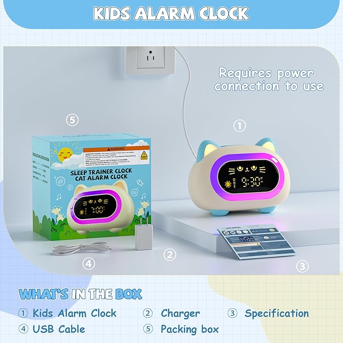 winshine Alarm Clock for Kids, Ok to Wake Clock, Toddler Sleep Training Clock with Eye Protection, 10 Night Lights, Dual Alarms, Child Lock, Snooze, Timer - Cute Cat Clock for Girls and Boys, Blue
