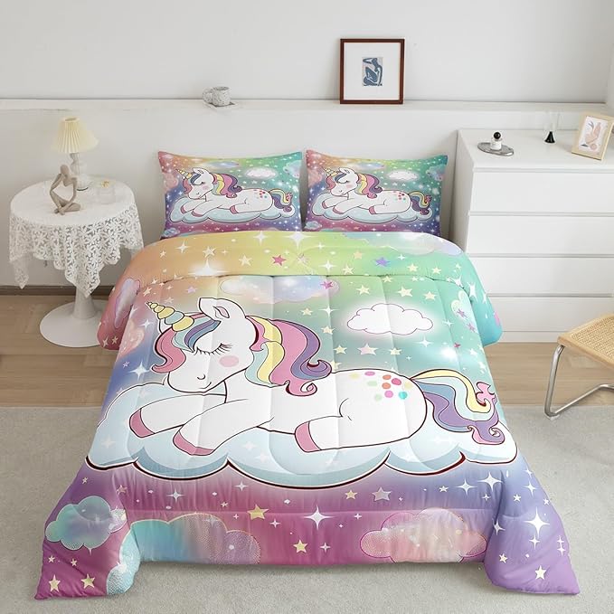 Unicorn Horse Bedding King for Girls,Kids Rainbow Unicorn Comforter Set Cartoon Cute Galaxy Unicorn Comforter for Kids Toddler Bed,Pastel Tie Dye Comforter Set Glitter Stars Quilt Duvet 3 Pcs