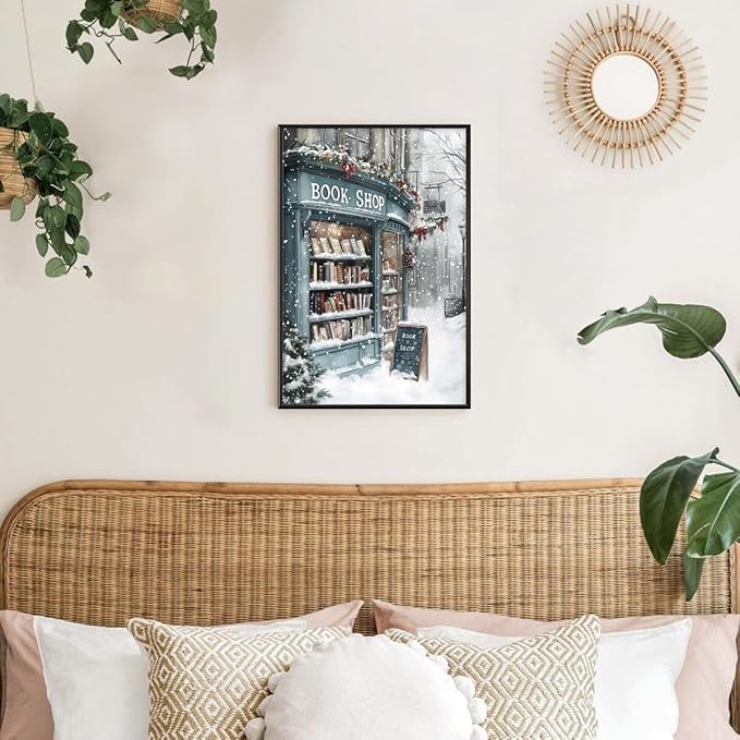 Vintage Christmas wall art Winter Book Shop Poster Print Book Lovers Gift Reading wall art Bookshop Wall Decor Winter Landscape Painting Room decor Aesthetic black framed8x12inch