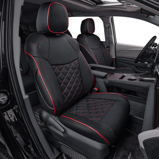EKR Sienna Seat Covers for 2011-2020 Toyota Sienna L,LE,XLE,Limited,7 Seats,2nd Row Captain Seats W/NO Legrest,Waterproof Car Seat Cover Full Set,Car Seat Protectors-Leather(Black with Red Piping)