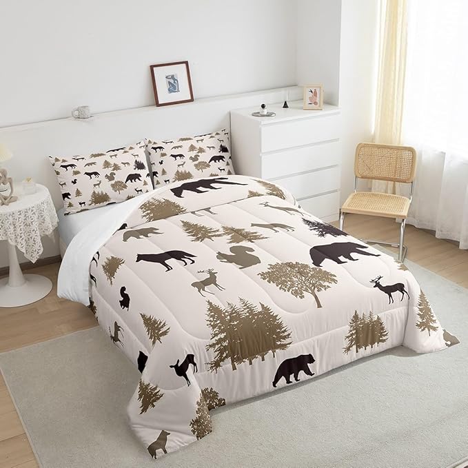 Bear Comforter Set Twin for Kids Boys Girls,Rustic Elk Moose Squirrel Wolf Printed Bedding Set,Animal Silhouette Farmhouse Quilt for Lodge Cabin,Grey Woodland Wildlife Duvet Insert with 1 Pillowcase