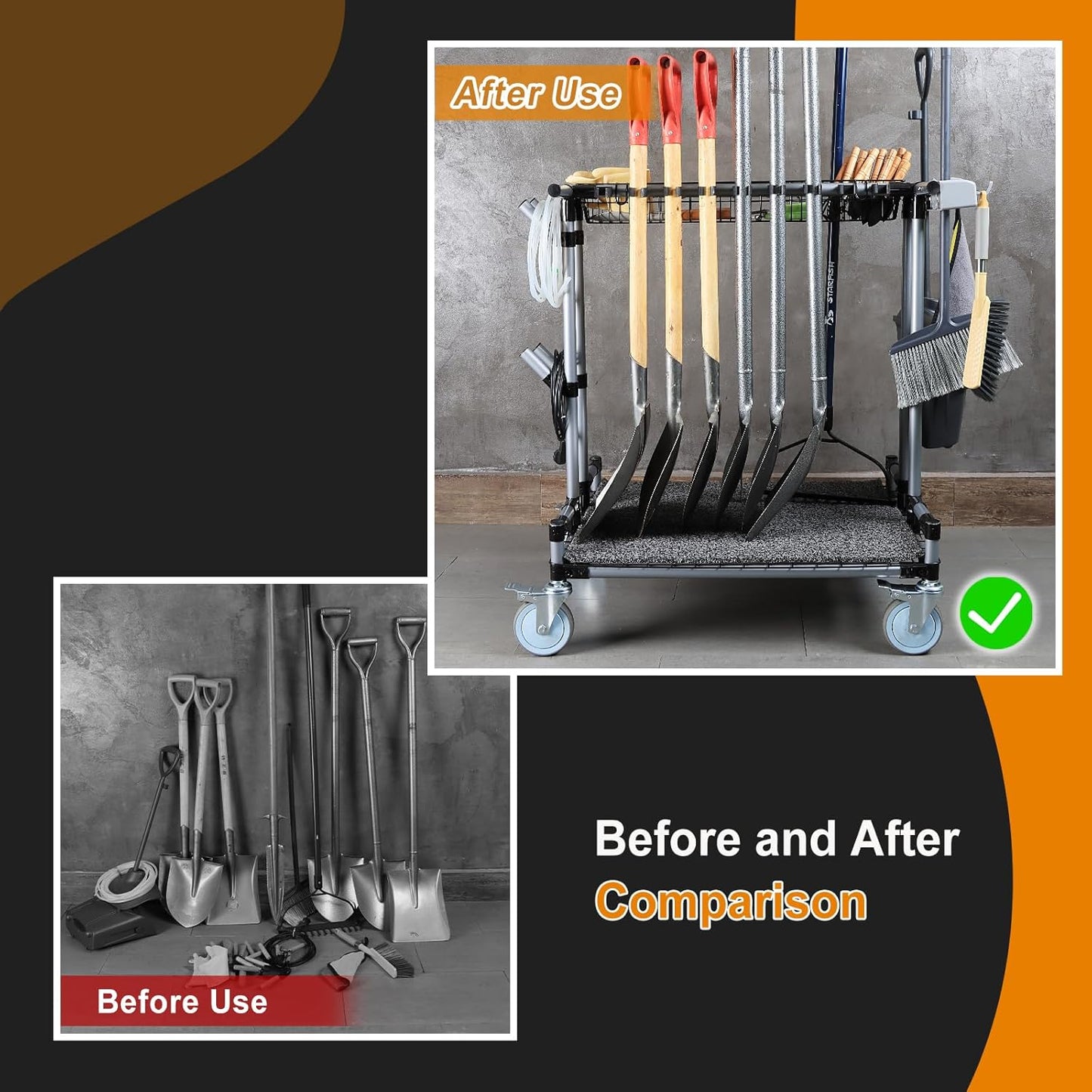 Heavy-Duty Garden Tool Organizer Cart Ideal for Gardening, Upgraded 5-Inch Wheels for Lawn & Sand, Long-Handle Tool Storage