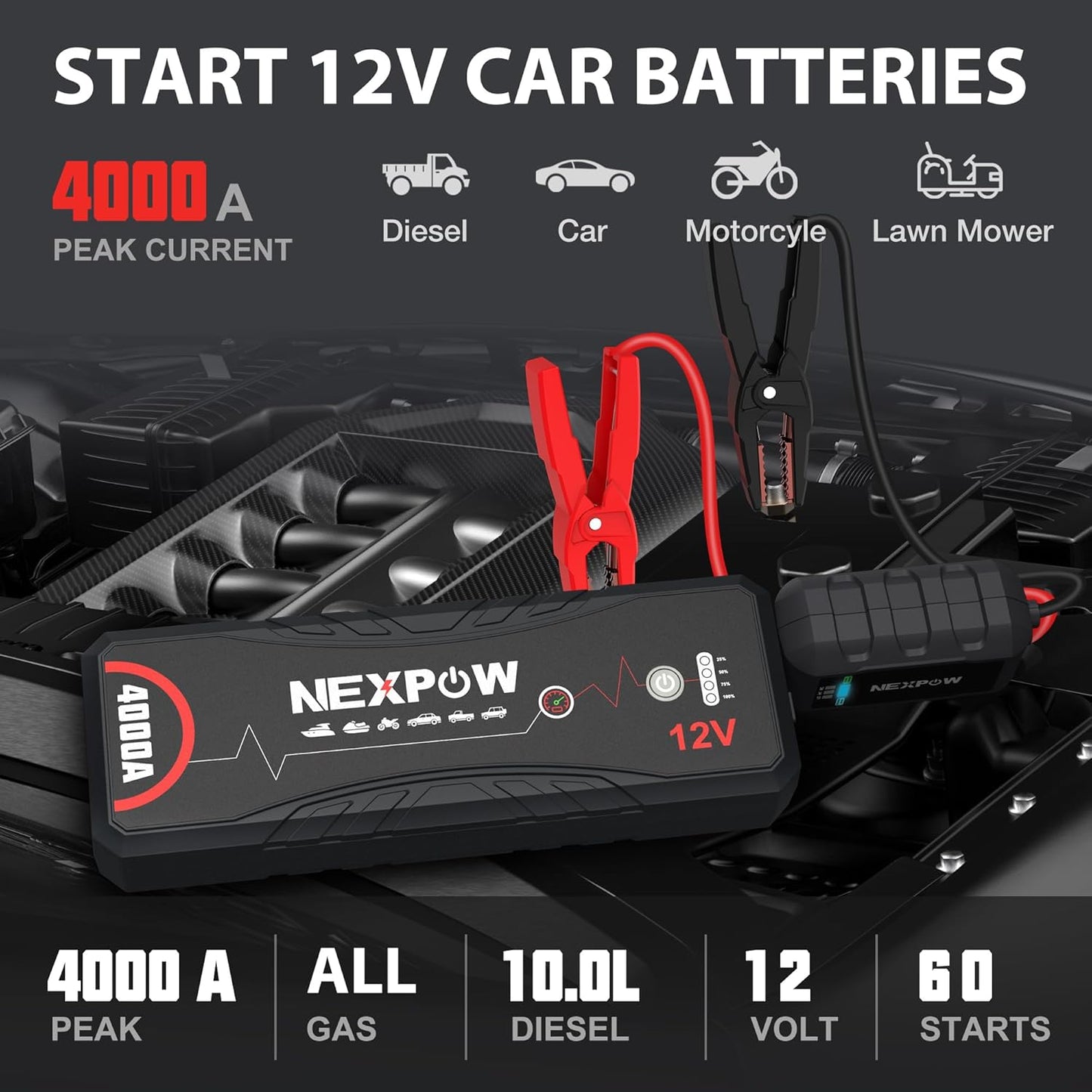 NEXPOW Car Jump Starter 4000A Car Battery Jump Starter Portable Pack for Up to All Gas and 10.0L Diesel Engine 12V Jump Box, Jump Pack, Battery Booster, Portable Jumper Cables with LED Light/USB QC3.0