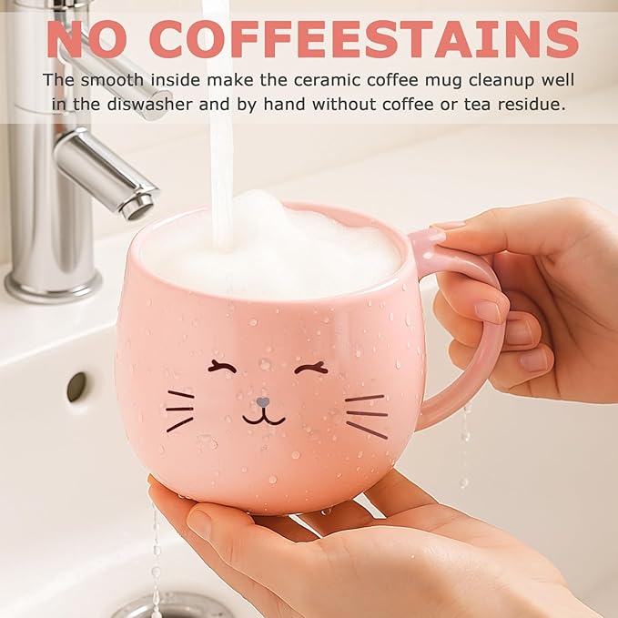 Yuwu Cat Ceramic Coffee Mug with Spoon & Lid, 13.5 oz Novelty Mug with Phone Stand Lid, Kawaii Tea Cup for Women & Cat Enthusiasts