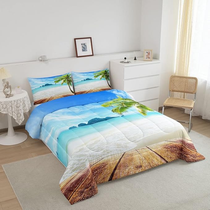 Beach Comforter Set King Size Ocean Bedding Set Tropical Palm Tree Hawaii Ocean Duvet Set Sunny Beach Coastal Nature Theme Duvet Set Sea Wave Mountain Brown Wooden Comforter Set 2 Pillowcases, Blue