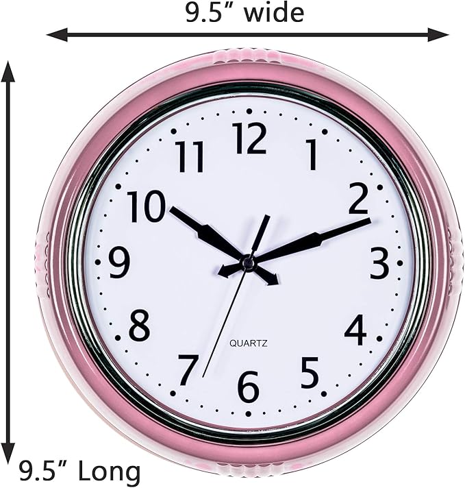 Bernhard Products Retro Wall Clock 9.5 Inch Pink Kitchen 50's Vintage Design Round Silent Non Ticking Battery Operated Quality Quartz for Home Office Baby Nursery Girls Room Classroom, Easy to Read
