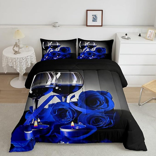 Blue Rose Comforter for Girls Boys Romantic 3D Rose Bedding Set King Wine Glass Blossom Floral Quilt Set Women Men Adult Gray Black Duvet Insert, Flower Petals Valentine's Day Bedding Comforter Sets