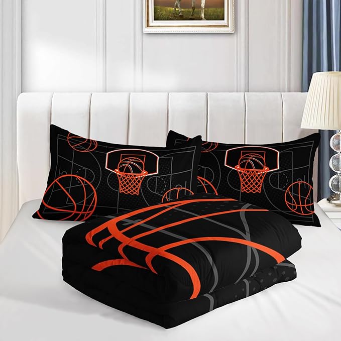 Basketball Court Print Queen Comforter Set for Boys,Ball Sports Games Bedding Set for Teens Kids Bedroom Decor,Orange Basketball Comforter Sets with 2 Pillowcases.