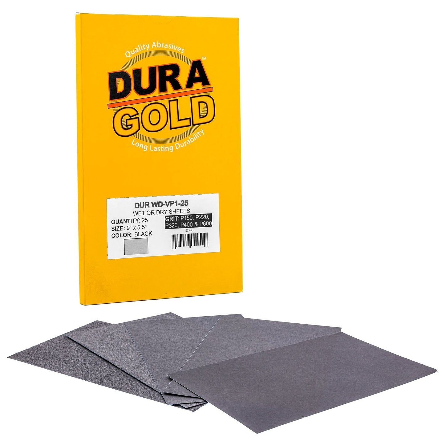 Dura-Gold Premium 5-1/2" x 9" Wet or Dry Sandpaper Sheets - 150, 220, 320, 400, 600 Grit Variety (5 Each, 25 Total) - Sanding Automotive, Woodworking Furniture, Metal Finishing, Hand Sand Block Sander