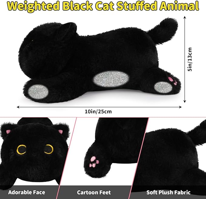 Weighted Black Cat Plush,Weighted Black Cat Stuffed Animal for Kids,Cute Stuffed Cat Plush Pillow,Soft Cat Plushies Toys Gifts for Kids