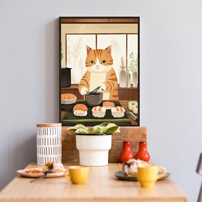 Vintage Cat Chef Kitchen Poster,Funny Food Canvas Wall Art,Cute Cat Cooking Sushi Print, Retro Kitchen Wall Decor, Whimsical Kitchen Art for Home, Dining Room, Cafe 16x24 in Aluminum Framed