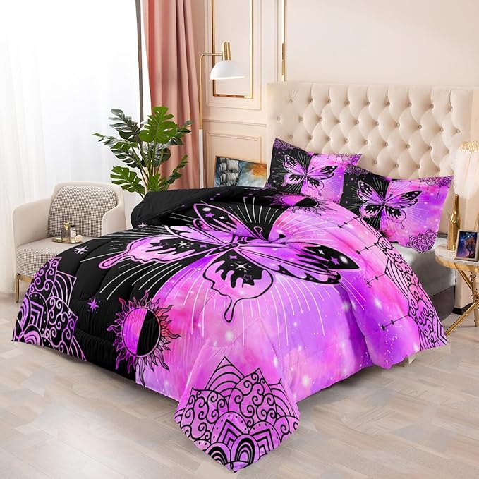 Butterfly Comforter Set for Girls Women, Butterfly Bed Set, Boho Butterflies with Sun and Moon Printed Bedding Sets, Black Purple Butterfly Comforter Set Full Size with 2 Pillowcases