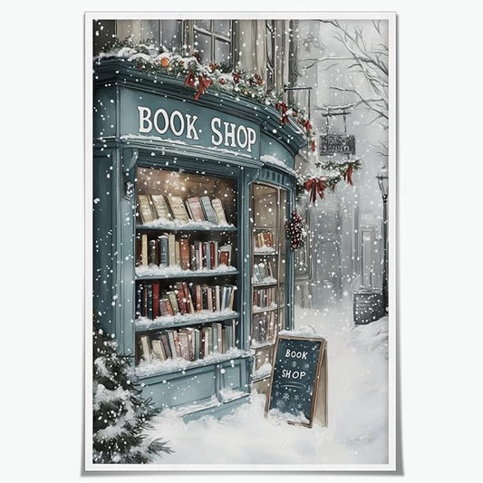 Vintage Christmas wall art Winter Book Shop Poster Print Book Lovers Gift Reading wall art Bookshop Wall Decor Winter Landscape Painting Room decor Aesthetic Unframed8x12inch