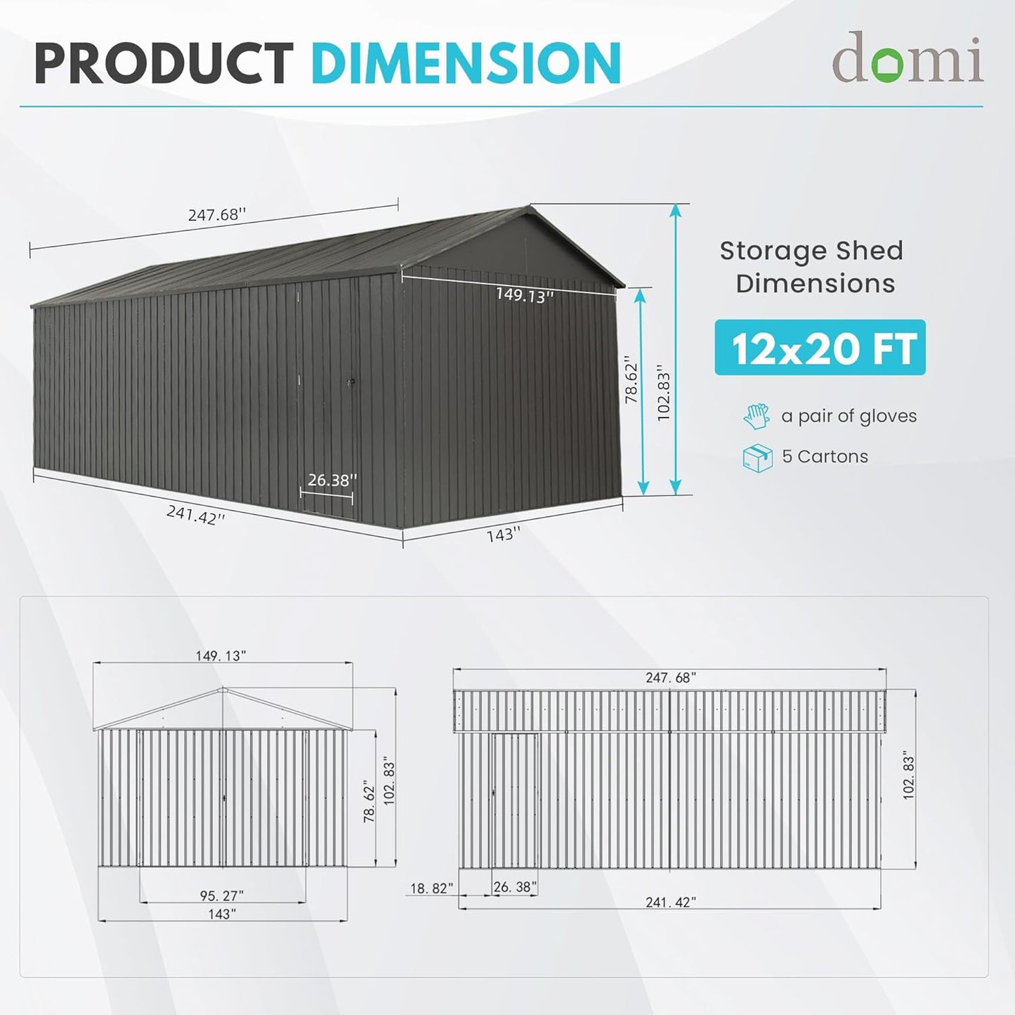 Domi 12'x20' Metal Garage Shed, Heavy Duty Outdoor Steel Carport with Lockable Double, Side Doors, 80MPH Wind and Snow Resistant Enclosed Storage for Cars, Trucks, Motorcycles, Tools, Dark Grey