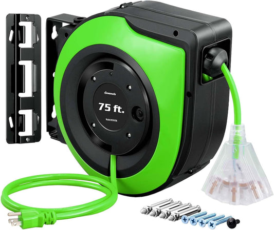 DEWENWILS Retractable Extension Cord Reel, 75 FT Heavy Duty Power Cord, 14/3C SJTOW Retractable Cord Reel, Lighted Triple Outlets, 10A Circuit Breaker, Wall/Ceiling Mount, UL Listed, Green