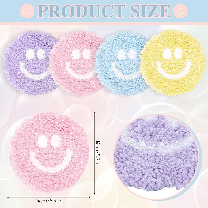 Whaline 4Pcs Smile Face Tufted Coasters Cute Preppy Drink Coasters Colorful Happy Face Cup Mat Pad for Drinks Car Desk Kitchen Home Accessories Coffee Table Gift