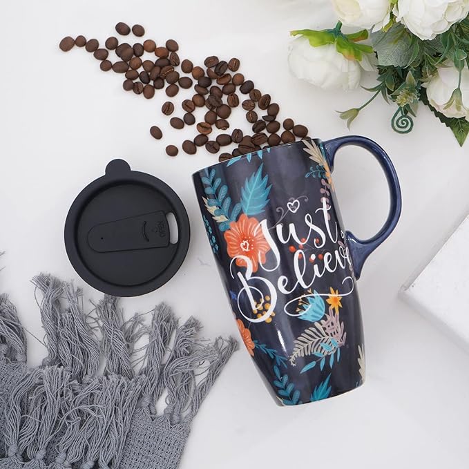 Topadorn Ceramic Mug with Lid and Handle,17oz. Tall Coffee Cup for Home,Party and Birthday,Just Believe