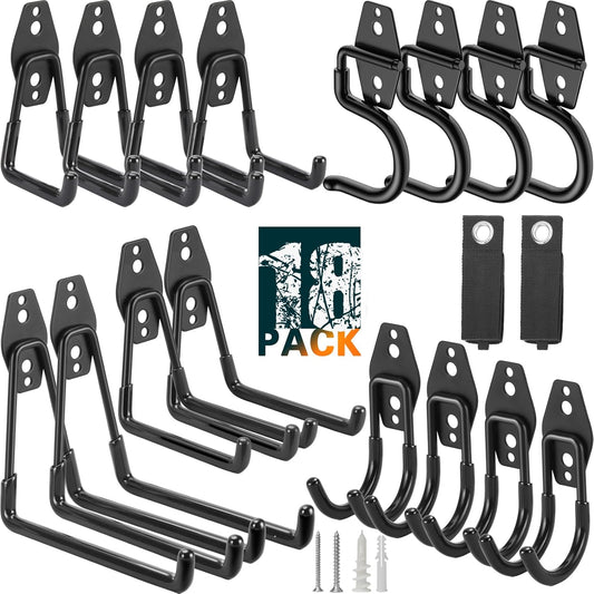 18 Pack Heavy Duty Garage Hooks, Utility Wall Mounted Storage System, with Anti-Slip Coating Hanger, for Hanging Power and Garden Tools, Ladders, Bikes, Ropes and Bulk Items
