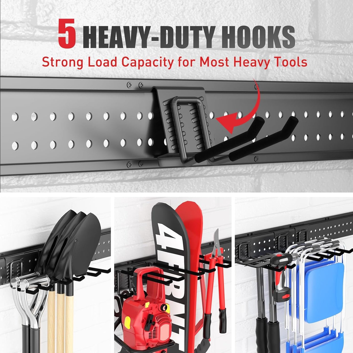 Garage Tool Organizer Wall Mount 48 inches with 10 Adjustable Heavy-Duty Hooks, Garage Organization, Garden Tool Storage Rack for Garage, Yard, and Shed, Holds Up to 400 lbs