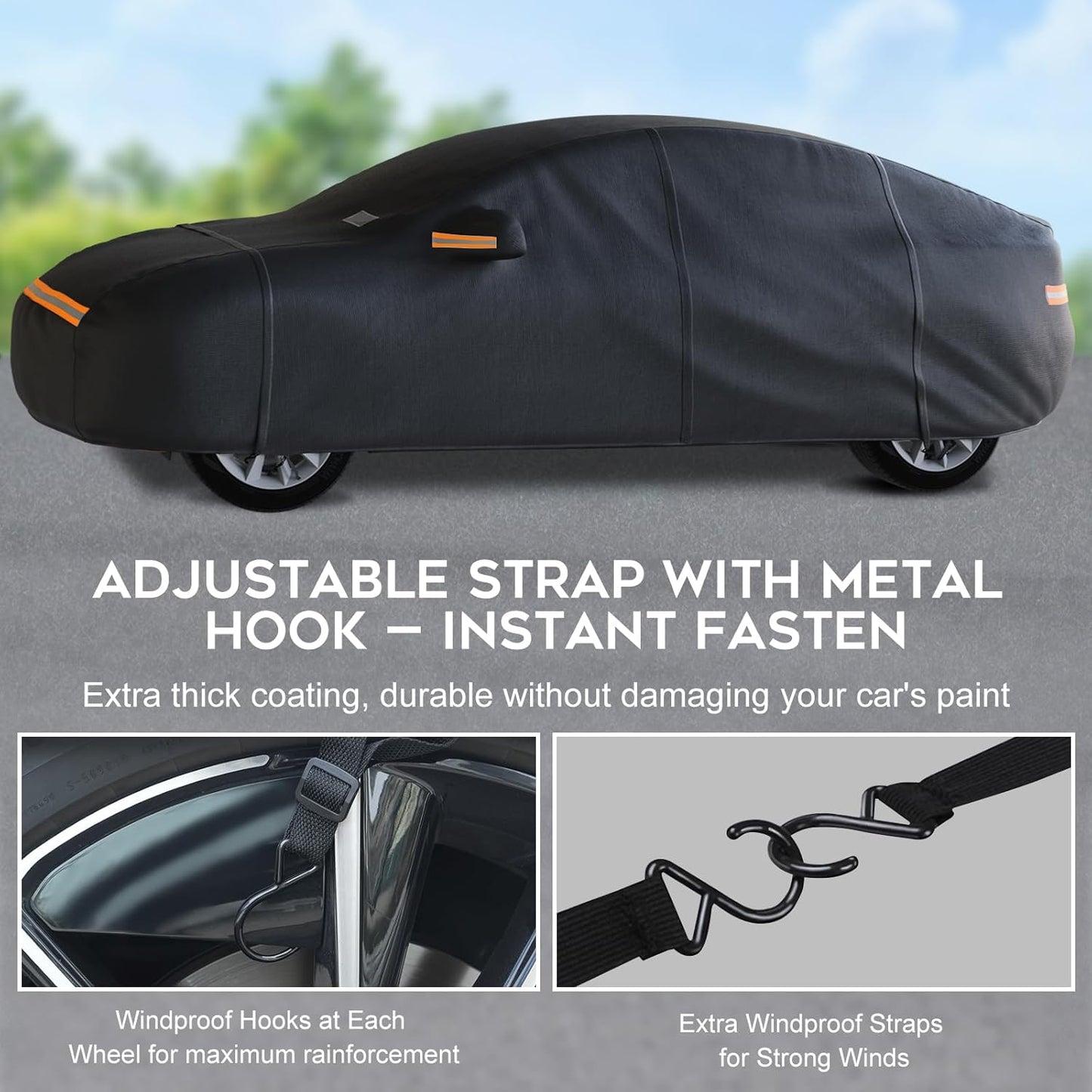 Sedan Car Cover Waterproof All Weather for Automobiles，Outdoor Heavy Duty Full Exterior Covers with Zipper Door, Rain Sun Snow Dust UV Protection, Windproof Straps & Reflective Strips(Up to 169")