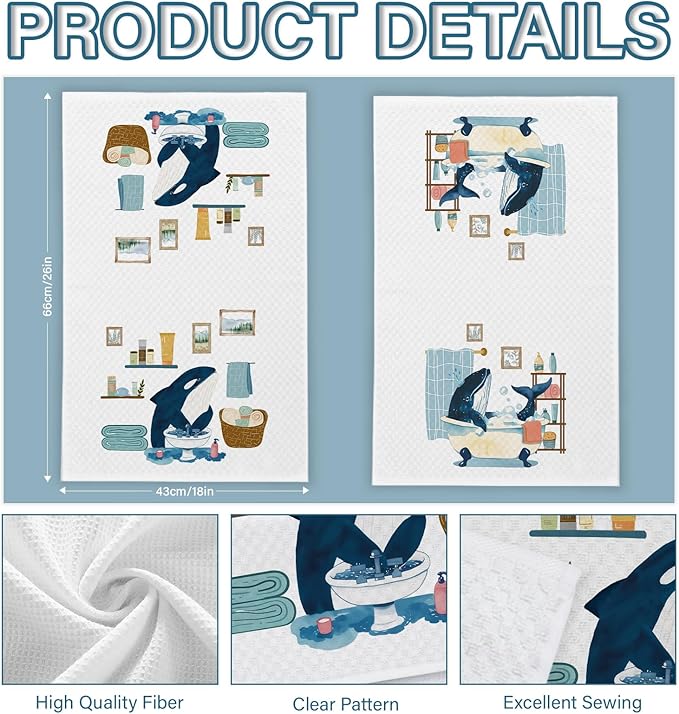 Whale Shark Decor Beach Hand Towels for Bathroom Set of 2, Nautical Bathroom Decor, Ocean Beach Themed Waffle Weave Dish Towels 18x26 Inch