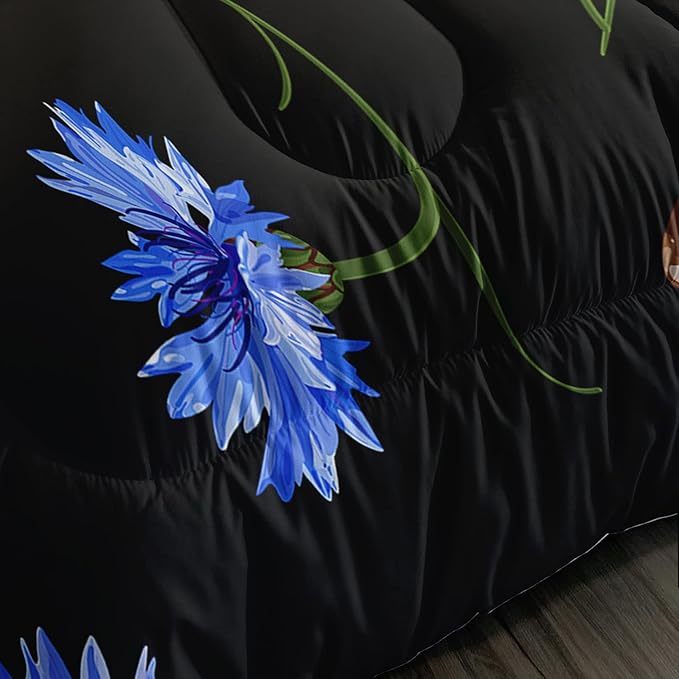 BSNTHO Butterfly Comforter Set for Girls Kids Royal Blue Daisy Floral Bedding Sets Mysterious Black Blue Butterfly Comforter Queen Size with 1 Comforter and 2 Pillowcases
