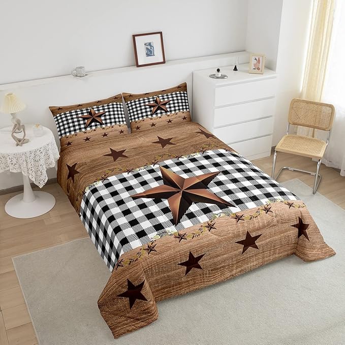 Western Texas Star Comforter Set Full, Farmhouse Black Plaid Bedding, Brown Vintage Country Star Bedding Comforter Sets, Retro Rustic Checked Grid Bedroom Decor Wooden Grain Quilt For Kids Boys Girls