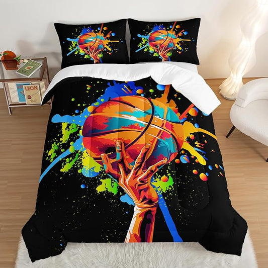 Black Basketball Comforter Set King Size,Watercolor Tie-dye Comforter Color Graffiti Hip Hop Style King Bed Set,Ball Sports Games Bedding Set for Teens Kids Bedroom Decor with 2 Pillowcases.