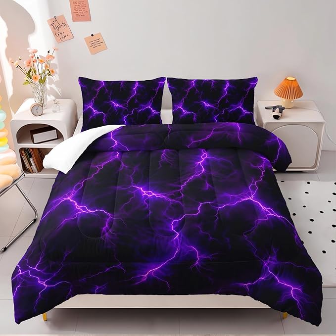 Violet Lightning Comforter Set Twin Thunder Bedding Sets 3PCS for Kids Teen Adult Violet Room Decor Ultra-Soft Lightweight Microfiber 1 Comforter with 2 Pillowcases