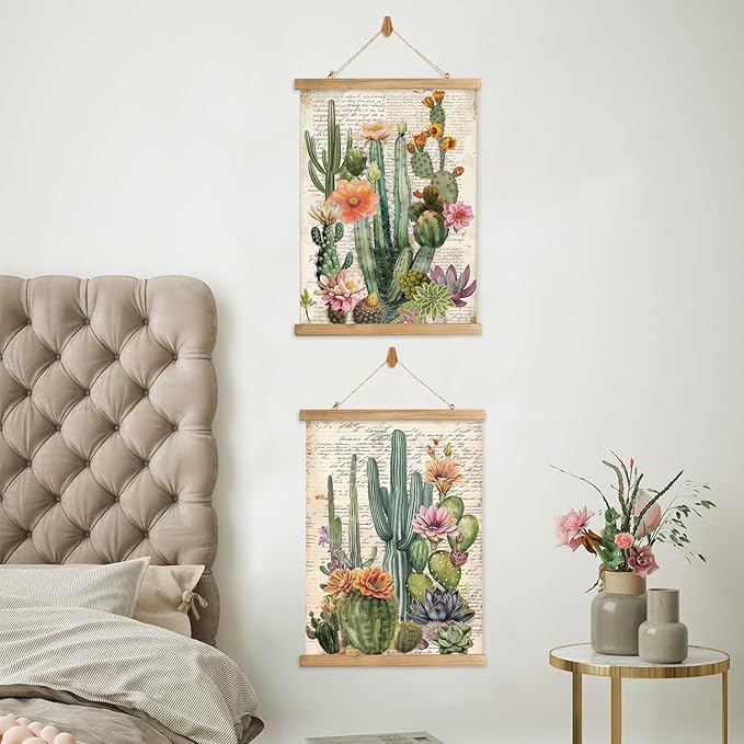 Vintage Spring Flower Poster Print, Botanical Educational Illustration, Rustic Wooden Hanger Frame, Linen Canvas Wall Art Decor, Farmhouse Cottagecore Style for Living Room Bedroom Office (16" x 23")