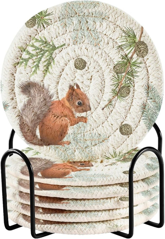 Squirrel Coasters for Drinks Set of 6 Absorbent Drink Coasters Woven for Home Decor Coffee Bar Desk Accessories