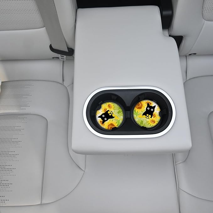 Car Coasters for Cup Holders，Sunflowers and Cat Cute Car Assecories for Women,2 Pack Cup Holder Coasters for Car, Anti Slip Rubber Car Cup Mat with A Finger Notch 2.75"