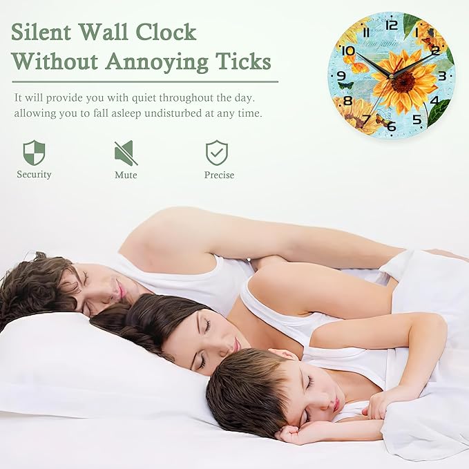Vintage Teal Sunflower Wall Clock for Bathroom,Sunflower Wall Clocks Silent Non-Ticking Battery Operated Clock 10 Inch,Wall Clocks Decorative for Living Room,Kitchen,Office