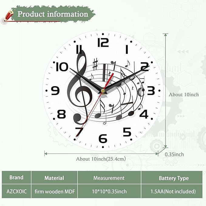 Wall Clocks,Music Notes Wall Clock Decorative,Black Kitchen Wall Clocks Battery Operated - 10 Inch Round Bathroom Wall Clock Silent Non-Ticking