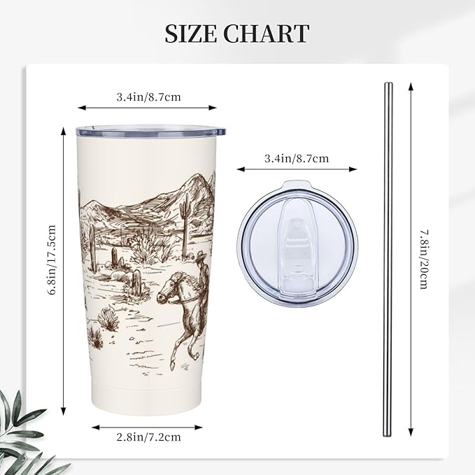 Western Desert Tumbler Cowboy Stainless Steel Insulated Tumblers with Lid Straw Reusable American Wild Landscape Coffee Travel Mug Tea Drinking Water Wine Cups Gifts for Women 20 Oz